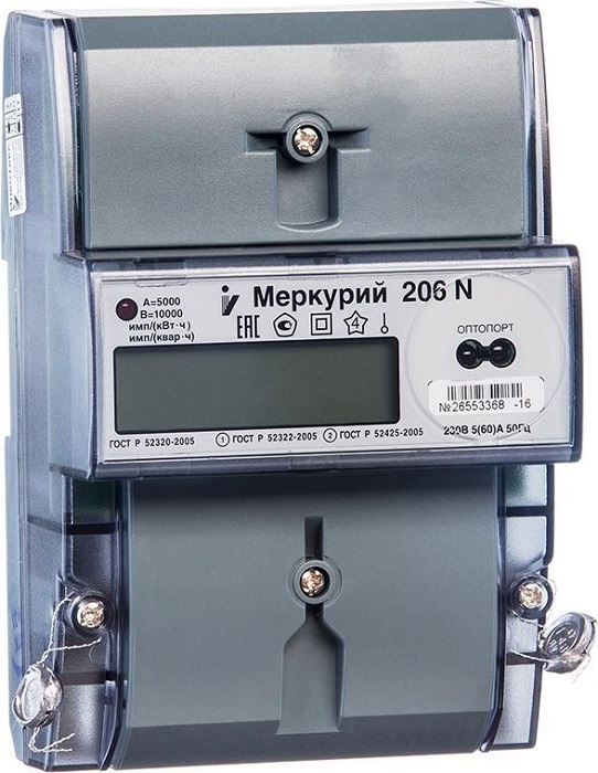 Счетчик электроэнергии 1Ф многотарифный Меркурий 206 N 60/5 Т1 D 230В ОптоПорт ЖК